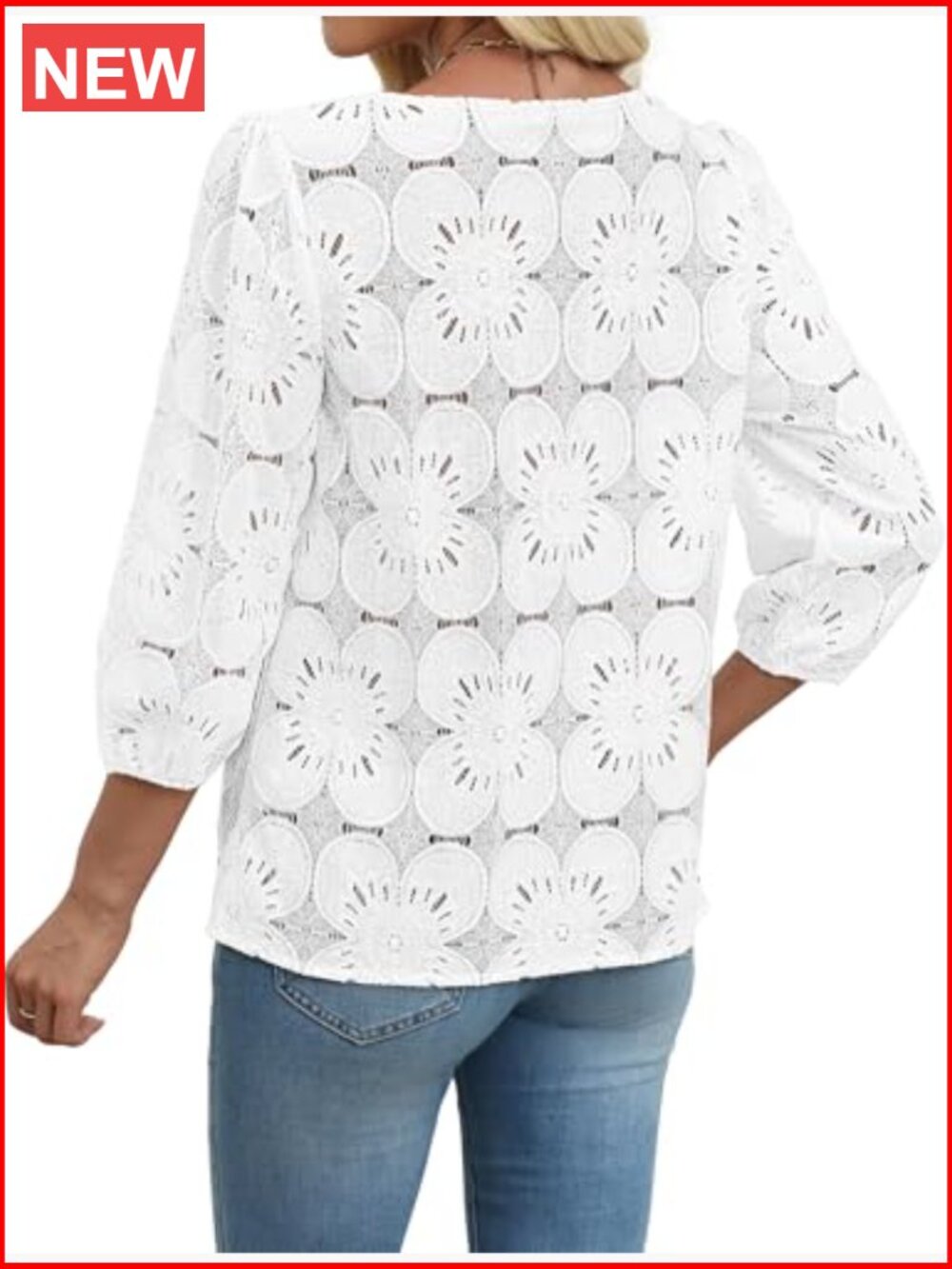 Eyelet Lace 3/4 Sleeve Blouse Dressy Casual Top Lightweight Nylon Blend - Picture 5 of 7